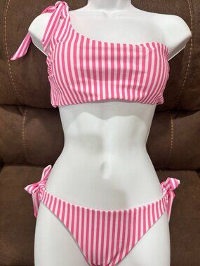 Womens One-Shoulder Bikini M Pink White Striped Cheeky Shein 2-piece Swim Suit